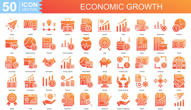 Economic Growth icon collection set. Containing economic, growth, Profit, finance, performance, Pie Chart, Value, global economy, financial, economy growth icon
