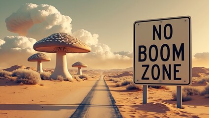 A desert road sign reads “No Boom Zone” with surreal cloud-mushroom shapes in the distance. Warm light, flat design, ironic concept art about nuclear disarmament with a satirical tone.

