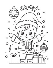 Happy Christmas coloring pages, coloring book, black and white, line art, Vector illustration, Christmas printable Coloring Page, winter, holiday, Christmas Art