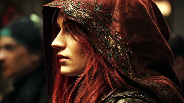 Fantasy redhead woman in cloak side profile shot in the middle of a busy medieval city
