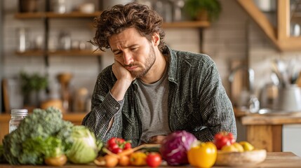Fototapeta premium Thoughtful man in kitchen surrounded by fresh vegetables and fruits