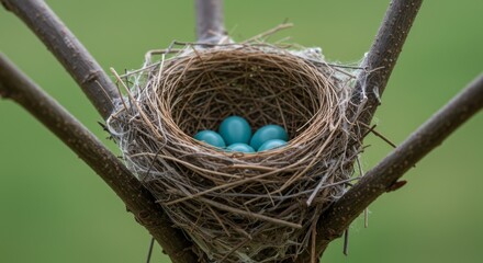 Blue Bird Eggs in a Nest on a Branch