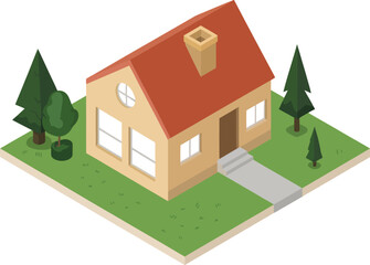 Isometric view of a house with a red roof trees and a blue background scene