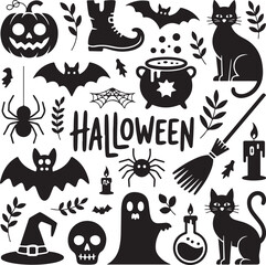 Fototapeta premium Spooky Halloween SilhouetteHaunted House Halloween VectorFlying Witch on Broom SilhouetteHalloween Pumpkin SilhouetteCreepy Graveyard Halloween Scene