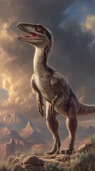 Fototapeta premium Realistic dinosaur illustration in a dramatic landscape scene