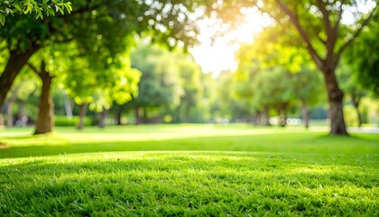 Fototapeta premium Sunny Serenity A Green Grass Lawn with Shady Trees in a Peaceful Landscape