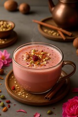 Creamy Pink Kashmiri Chai With Masala and Nut Toppings