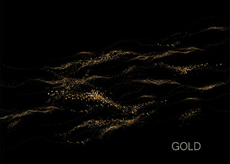 Abstract shiny isolated design element, exquisite golden waves on black background.