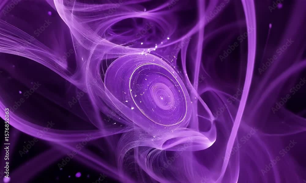 Poster a purple background with swirling lines and dots, representing the complex nature of artificial inte