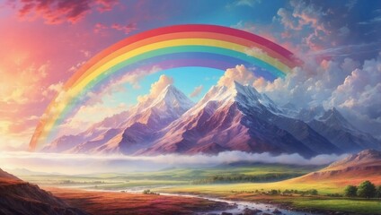 Rainbow Arches Over Mountains at Sunrise
