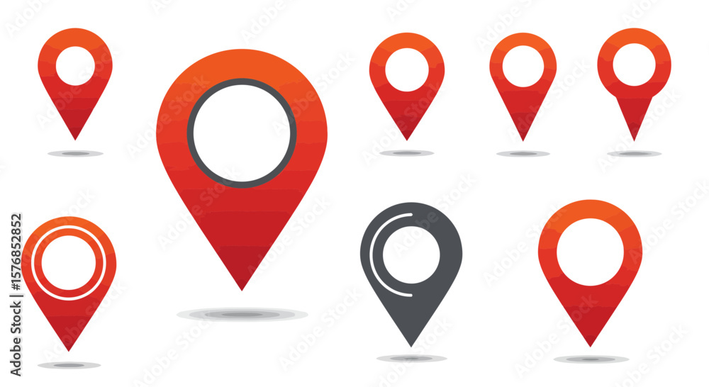 Poster collection of red and gray map pointer icons with shadow on a white background