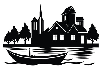 Obraz premium Waterfront scene with boat and building silhouette vector flat design for travel and tourism art