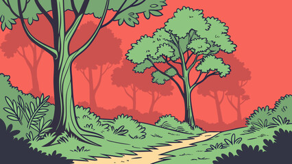 3d Rendering  ,unique, seamless drawn illustration of a forest in Autumn red green background vector illustration.