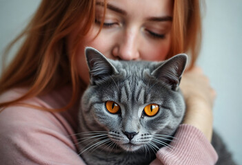 A woman gently hugs her beautiful grey domestic cat with striking orange eyes, showing deep affection and a loving pet bond.