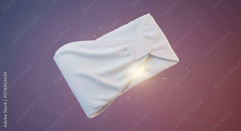 Poster abstract depiction of a folded white fabric with a securing tab and gradient background