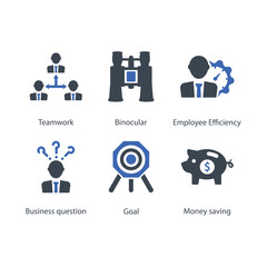 Teamwork, Binocular, Employee Efficiency, Business question, Goal, Money saving, icon