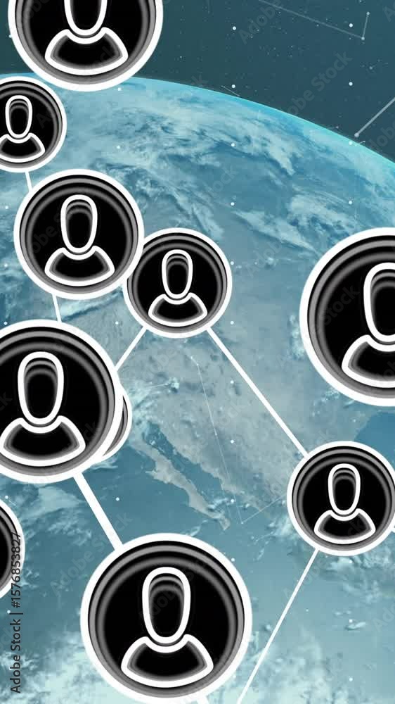 Aufkleber animation of network of connections with icons over globe on black background