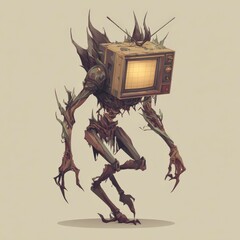 Creepy creature with a vintage television head walking through a deserted landscape at twilight Generative AI