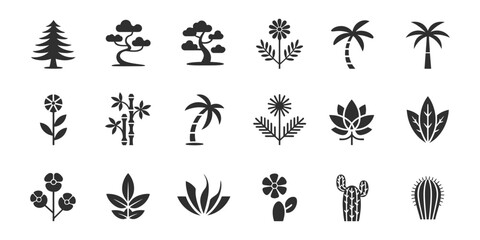 Botanical Garden Icons of Flora Trees, Flowers, and Cacti Isolated on White