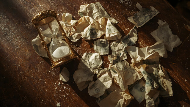 Time and Money Decay, Financial Decline over Time, Crumpled Bills and Hourglass