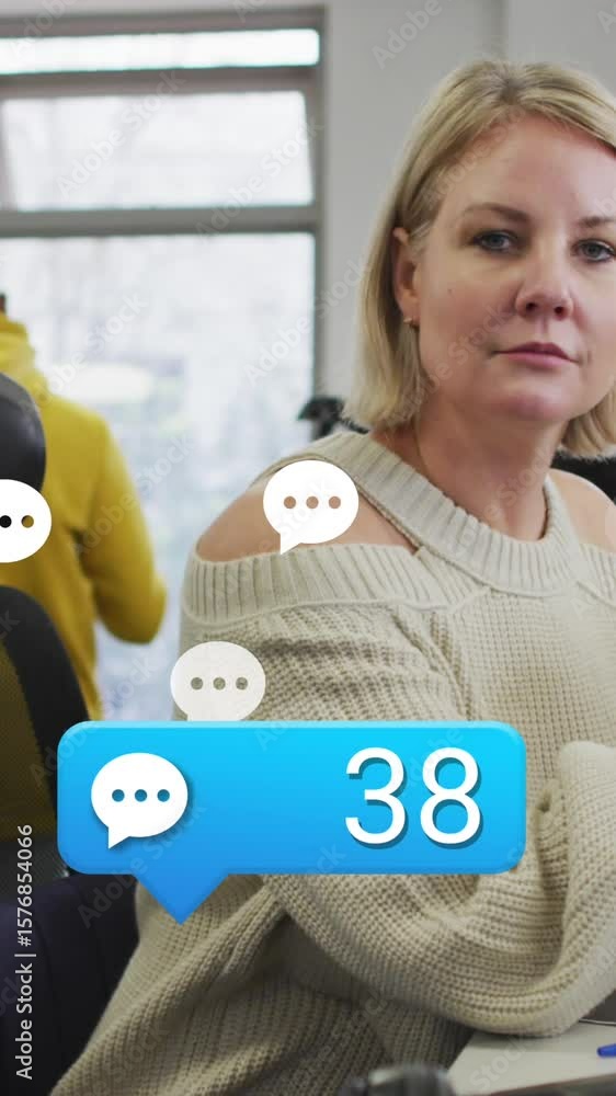 Poster animation of message icons floating with increasing numbers over caucasian woman smiling at office