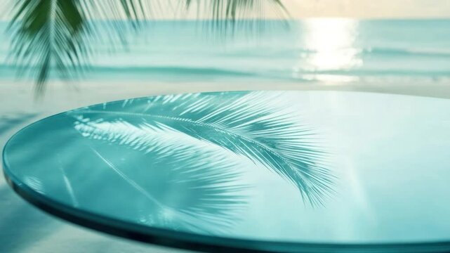 Teal glass table with palm leaf reflection on beach scene