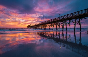 Obraz premium colorful sunrise over the beach with a pier.