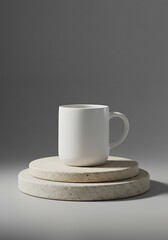 White ceramic mug resting on stacked stone discs against a neutral backdrop.