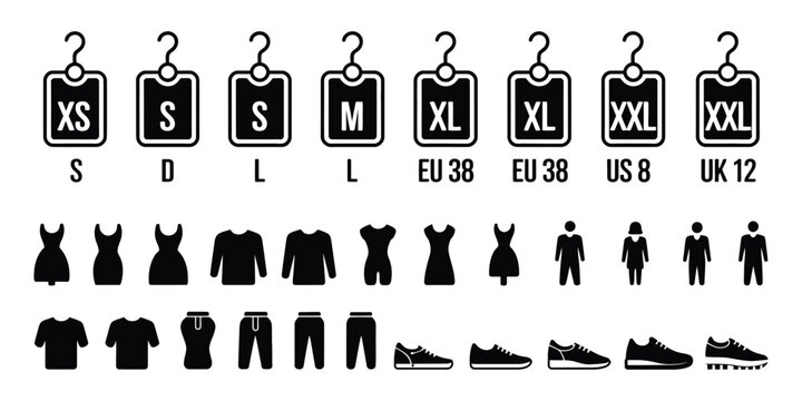 Clothing Size Chart on Hangers with Garment Icons in Black Silhouette Style