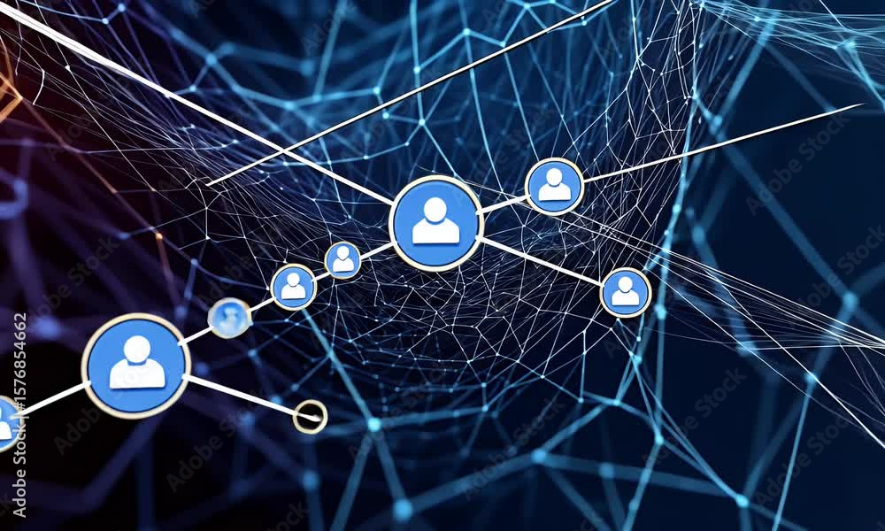Poster a network of interconnected nodes with icons representing people, illustrating the idea that social 