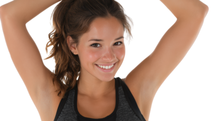 A cheerful young woman smiling and stretching, isolated on white background, showcasing a healthy lifestyle.