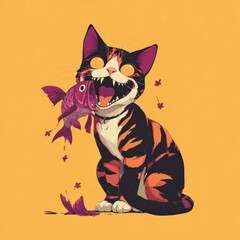 Colorful cat proudly holding a fish while sitting on an orange background during a playful moment at home Generative AI
