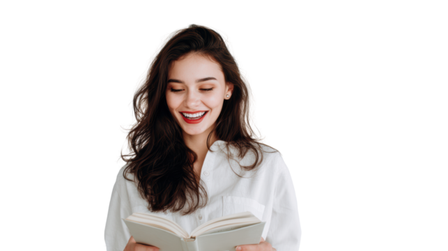 A joyful woman reading a book, showcasing happiness and relaxation indoors.