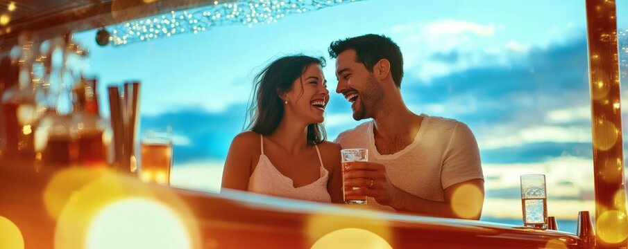 Couple laughing and enjoying drinks outdoors. - Powered by Adobe
