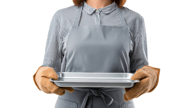 A person in a gray apron and oven gloves holds a baking tray, ready to serve delicious treats.