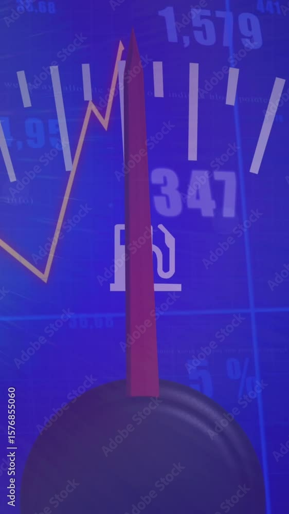 Poster animation of speedometer and statistical data processing against light spot on blue background