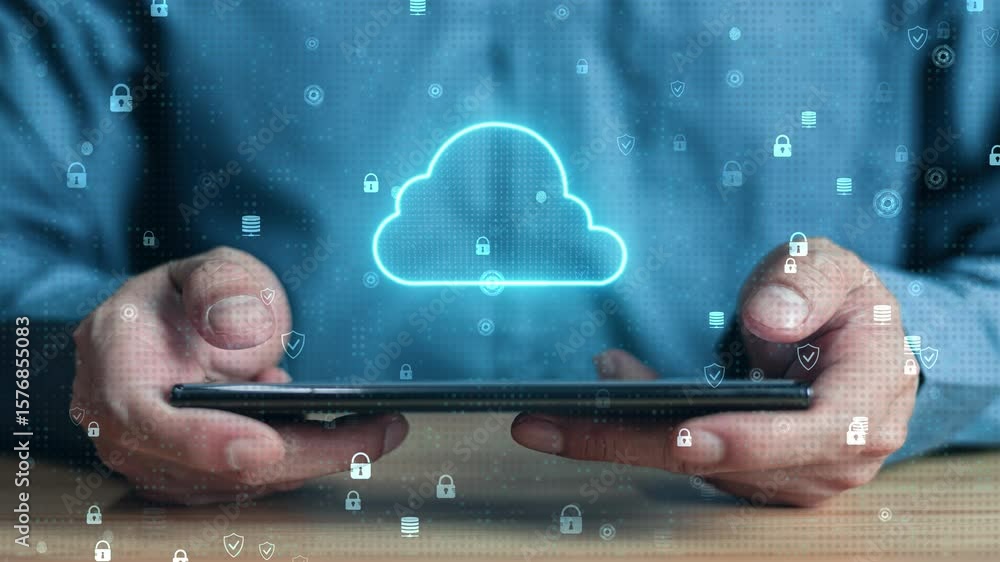 Poster businessman using smartphone searching data