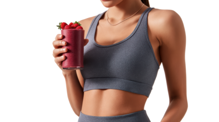 Active woman holding a healthy berry smoothie in a workout outfit with a focus on fitness and nutrition.