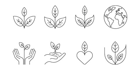 EcoFriendly Icons Set With Leaves, Globe, Hands, Sprout, and Heart in Outline Style