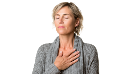 Calm woman practicing mindfulness with eyes closed, gentle expression, isolated background.