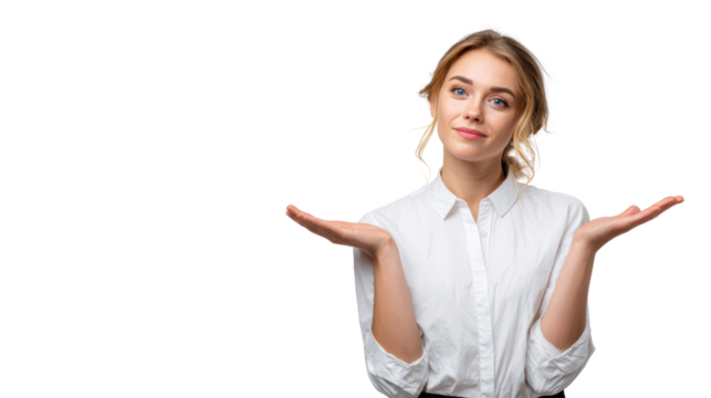 A young woman in a white shirt with a confused expression, gesturing with her hands, isolated on a white background.