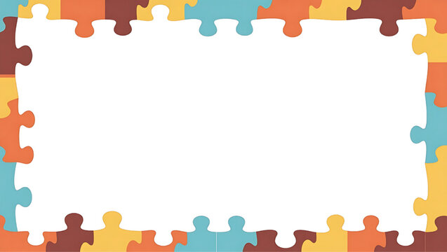 Colorful jigsaw puzzle pieces form a rectangular border around a blank white space.