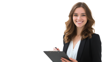 Confident businesswoman smiling while holding a clipboard, isolated against a white background.