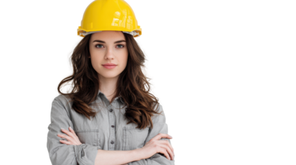 Confident woman engineer in yellow hard hat, gray shirt, arms crossed, isolated on white background.