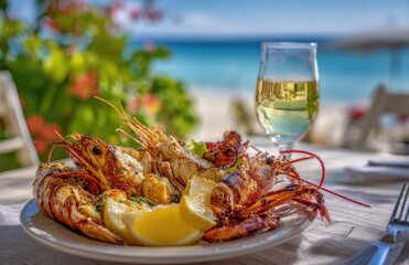Plate of fresh, grilled seafood with prawns and lobster on the beach