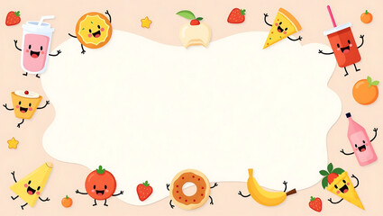 Playful food characters surround a blank space, perfect for a menu or message.