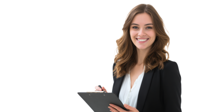 Confident businesswoman smiling while holding a clipboard, isolated against a white background.