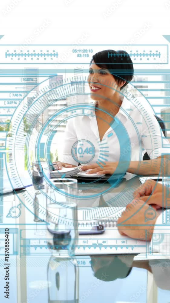 Poster animation of loading circles and bars with changing numbers over diverse coworkers shaking hands