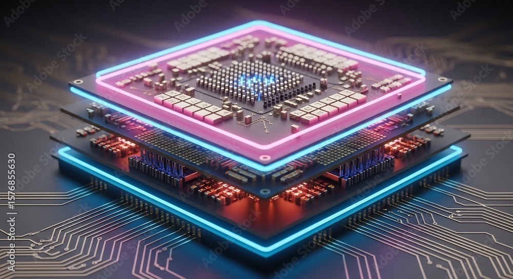Fototapete abstract rendering of a multi-layered computer chip with glowing neon accents, showcasing intricate 