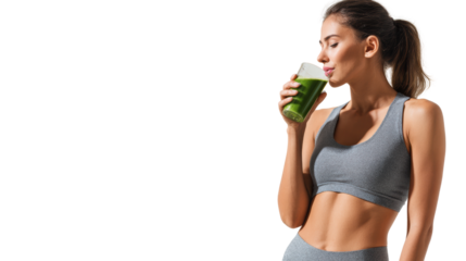 Fit woman enjoying a healthy green drink, emphasizing wellness and vitality.